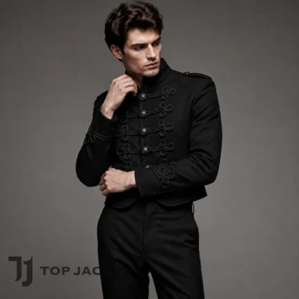 Mens Gothic Cropped Jacket, Black Military Band Coat, Braided Loop Button Jacket, Steampunk Costume