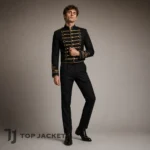 Men’s Gothic Hussar Cropped Jacket, Black Gold Braided Military Coat, Victorian Officer Uniform, Rock Concert Festival Outfit