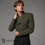 Men’s Green Cropped Military Coat, Army Inspired Short Jacket, Epaulette Utility Pocket High Neck Jacket