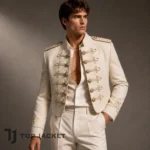 Men’s Ivory Cropped Military Jacket, Gold Braid Hussar Officer Coat, Band Leader Parade Jacket, Prince Wedding Costume