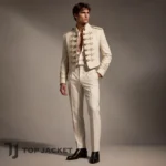 Men’s Ivory Military Band Jacket, Cropped Gold Braid Hussar Coat, Royal Prince Officer Jacket, Steampunk Parade Costume