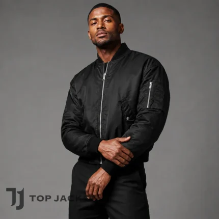 Mens MA-1 Cropped Flight Jacket, Black Nylon Bomber Jacket, Y2K Streetwear Coat, Military Aviator Jacket, Short Boxy Fit
