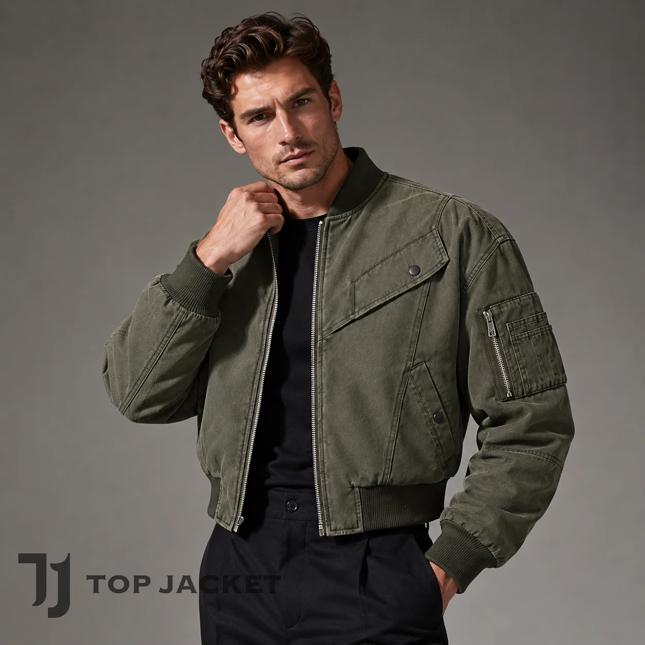 Men’s Olive Green Cropped Bomber Jacket, Washed Utility Flight Jacket, Military Streetwear Zip Jacket, Pilot Style Coat Men’s Olive Green Cropped Bomber Jacket, Washed Utility Flight Jacket, Military Streetwear Zip Jacket, Pilot Style Coat