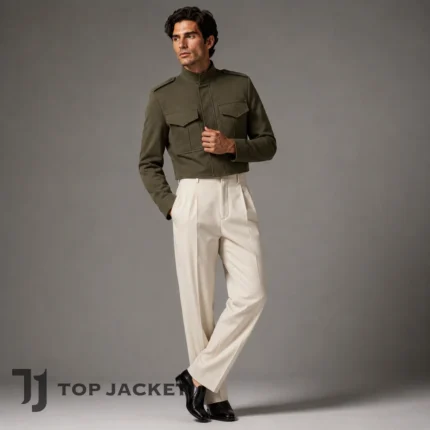 Mens Olive Green Cropped Military Jacket, Army Style Crop Jacket, High Collar Utility Jacket, Festival Fashion Coat