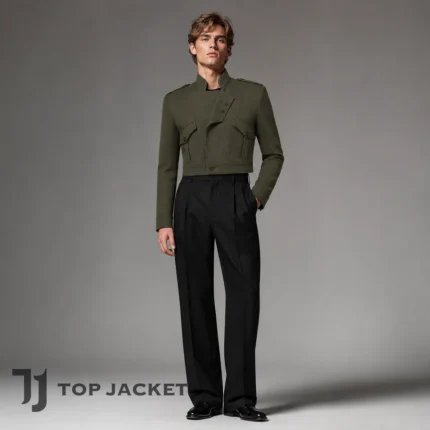 Men’s Olive Green Cropped Military Jacket, High Collar Army Style Short Coat, Utility Pocket Fashion Jacket