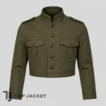 Men’s Olive Green Cropped Military Jacket, Vintage Army Field Jacket, Short Utility Coat, Stand Collar Cargo Jacket