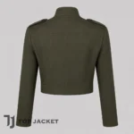 Men’s Olive Utility Cropped Jacket, Military Style Short Jacket, Structured High Collar Fashion Coat