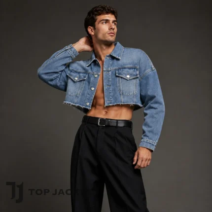 Men’s Oversized Cropped Denim Jacket, Blue Wash Jean Trucker Coat, Raw Hem Jacket, Trendy Y2K Streetwear Outerwear
