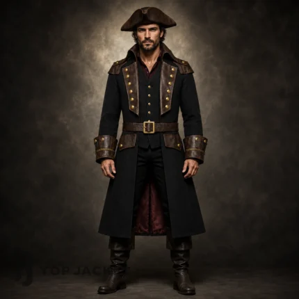 Mens Pirate Costume, Brown Black Long Pirate Jacket, Tricorn Hat, Tall Boots, Halloween Cosplay Set