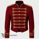 Men’s Red Cropped Hussar Jacket, Gold Braided Military Parade Coat, Gothic Victorian Officer Uniform, Band Costume