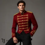 Men’s Red Hussar Cropped Jacket, Napoleonic Military Coat, Gold Braided Parade Uniform, Victorian Steampunk Costume