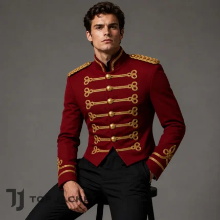 Men’s Red Hussar Cropped Jacket, Napoleonic Military Coat, Gold Braided Parade Uniform, Victorian Steampunk Costume