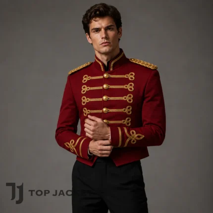 Men’s Red Military Cropped Jacket, Hussar Parade Coat, Gold Braid Officer Uniform, Gothic Steampunk Band Costume