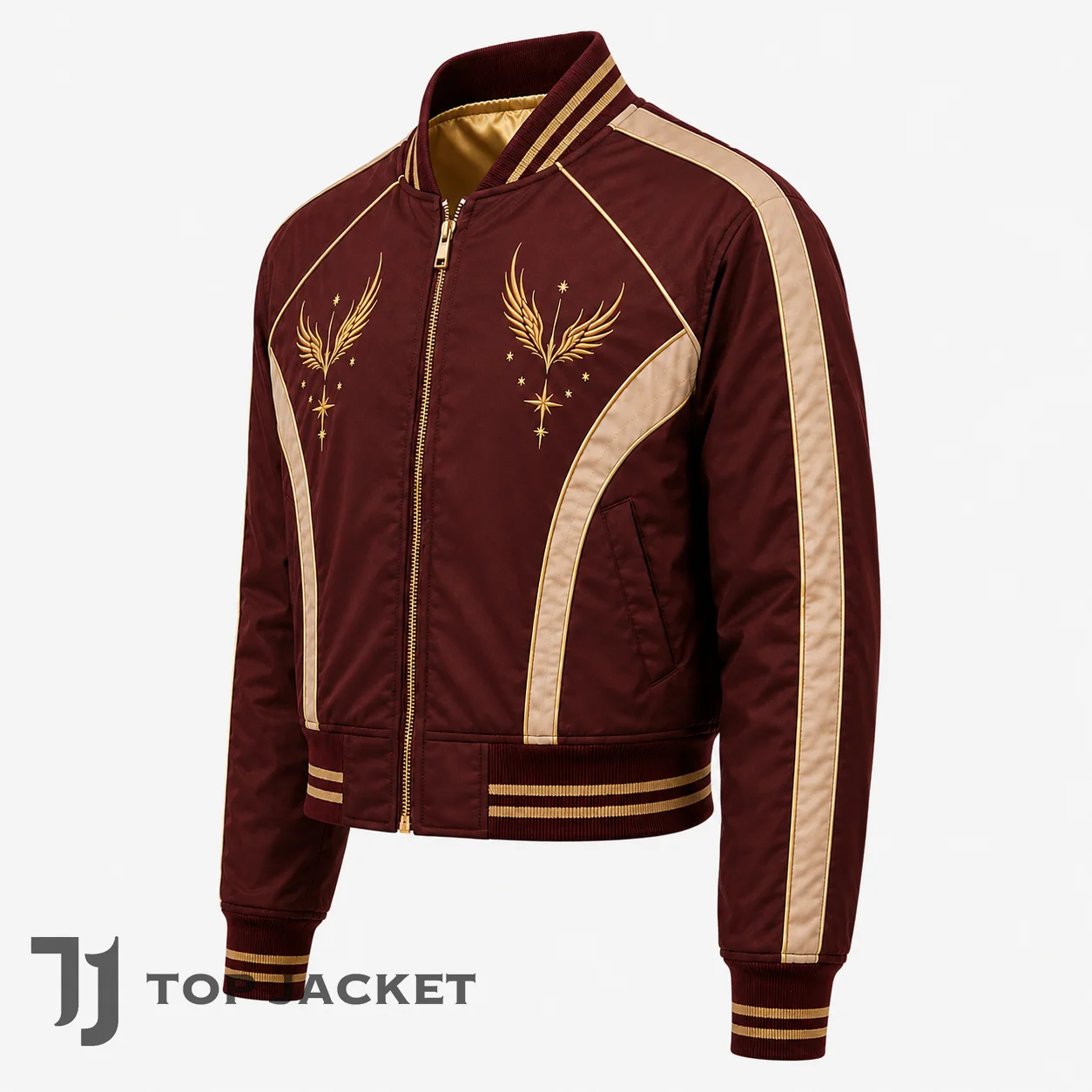 Men’s Retro Cropped Bomber Jacket, Burgundy Gold Embroidered Jacket, Vintage Varsity Streetwear, Colorblock Racing Coat