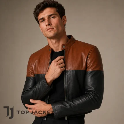 Men’s Short Leather Jacket, Brown Black Cropped Motorcycle Jacket, Cafe Racer Biker Moto Coat, Retro Two Tone Streetwear