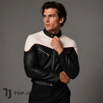 Mens Short Leather Jacket, Cropped Motorcycle Biker Jacket, Black White Cafe Racer Coat, Retro Moto Racing Jacket, Color Block Jacket