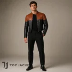 Men’s Two Tone Leather Jacket, Brown Black Cropped Cafe Racer Jacket, Motorcycle Biker Moto Coat, Modern Streetwear