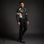Mens Vintage Racing Jacket, Black Cream Cropped Leather Jacket, Motorcycle Cafe Racer Coat, Retro Biker Moto Jacket, Racer Style
