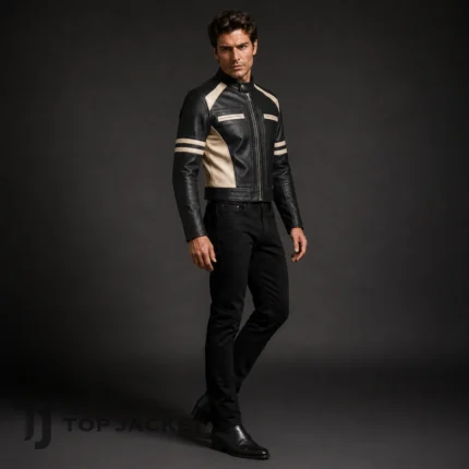 Mens Vintage Racing Jacket, Black Cream Cropped Leather Jacket, Motorcycle Cafe Racer Coat, Retro Biker Moto Jacket, Racer Style