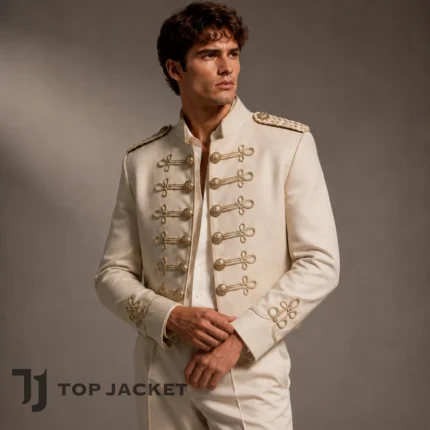 Men’s White Cropped Military Jacket, Gold Embroidered Hussar Coat, Steampunk Officer Jacket, Wedding Prince Outfit
