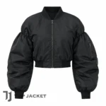 Naomi Campbell Black Cropped Bomber Jacket, Women’s Oversized Puff Sleeve Nylon Jacket, Celebrity Street Style Coat