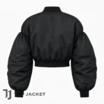 Naomi Campbell Cropped Bomber Jacket, Women’s Black Nylon Puff Sleeve Jacket, Oversized Streetwear Utility Coat