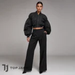 Naomi Campbell Inspired Cropped Jacket, Women’s Black Bomber Jacket, Oversized Balloon Sleeve Y2K Streetwear Coat