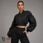 Naomi Campbell Style Black Crop Bomber, Women’s Balloon Sleeve Nylon Jacket, Oversized Y2K Streetwear Zip Up Jacket