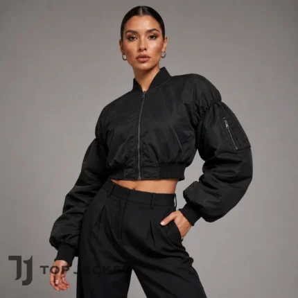 Naomi Campbell Style Black Crop Bomber, Women’s Balloon Sleeve Nylon Jacket, Oversized Y2K Streetwear Zip Up Jacket