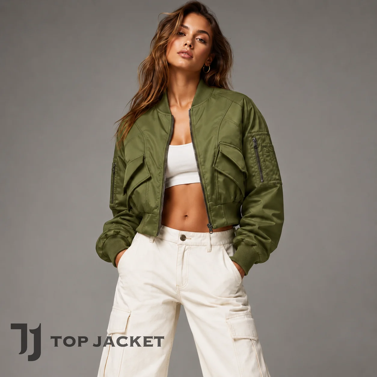 Olive Cropped Flight Jacket Women, Utility Pocket Bomber Jacket, Military Style Y2K Streetwear Crop Coat Olive Cropped Flight Jacket Women, Utility Pocket Bomber Jacket, Military Style Y2K Streetwear Crop Coat