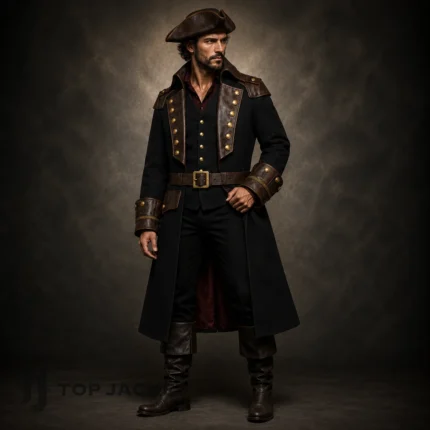 Pirate Jacket Costume Men, Black Long Coat, Brown Tricorn Hat and Boots, Renaissance Fair Outfit