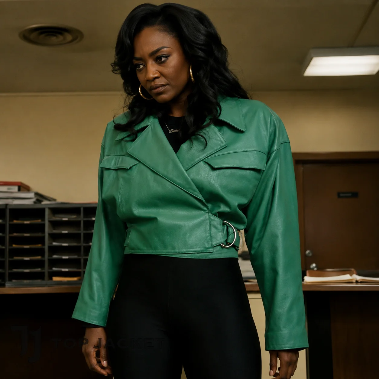 Raq Thomas Green Leather Jacket, Patina Miller Inspired Power Book III Jacket, Women’s Cropped Wrap Belt Coat Raq Thomas Green Leather Jacket, Patina Miller Inspired Power Book III Jacket, Women’s Cropped Wrap Belt Coat