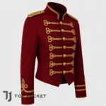 Red Hussar Military Cropped Jacket, Men’s Gold Braid Officer Coat, Napoleonic Parade Uniform, Steampunk Cosplay Costume