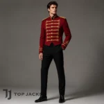 Red Military Parade Jacket for Men, Cropped Hussar Officer Coat, Gold Braid Marching Band Uniform, Gothic Costume