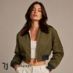 Rihanna Inspired Cropped Bomber Jacket, Olive Green Fur Collar Women’s Y2K Jacket