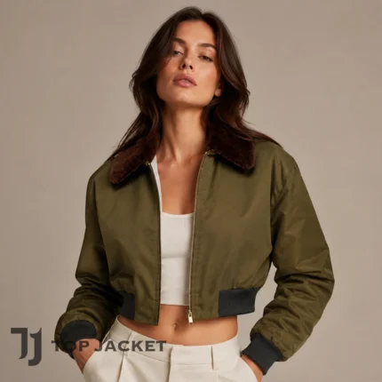 Rihanna Inspired Cropped Bomber Jacket, Olive Green Fur Collar Women’s Y2K Jacket