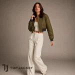 Rihanna Inspired Cropped Bomber Jacket, Women’s Olive Green Faux Fur Collar Aviator Jacket, Y2K Flight Jacket