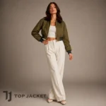 Rihanna Olive Green Cropped Bomber Jacket, Women’s Faux Fur Collar Flight Jacket, Y2K Military Streetwear