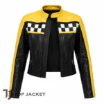 Women Black Yellow Motorcycle Jacket, Cropped Leather Racer Coat, Kendall Jenner Street Style Jacket