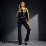 Women Yellow Black Leather Racer Jacket, Kendall Jenner Inspired Checkered Moto Jacket, Streetwear Coat