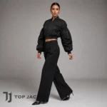 Women’s Black Cropped Bomber Jacket, Naomi Campbell Inspired Nylon Jacket, Oversized Puff Sleeve Utility Streetwear
