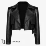 Womens Black Cropped Leather Jacket, Jennifer Lopez Inspired Biker Moto Coat, Oversized Lapel Belted Streetwear
