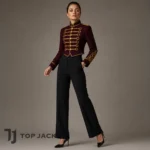 Women’s Burgundy Hussar Cropped Jacket, Gold Braid Military Officer Coat, Victorian Steampunk Parade Uniform