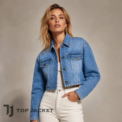 Womens Cropped Denim Jacket, Anne Hathaway Inspired Blue Jean Jacket, Button Front Trucker Coat, Celebrity Fashion Style