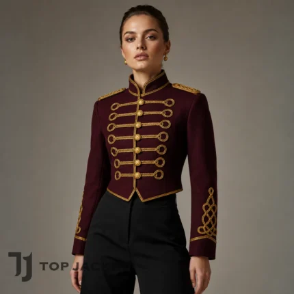 Women’s Cropped Military Jacket, Burgundy Gold Hussar Coat, Napoleonic Officer Blazer, Gothic Steampunk Costume