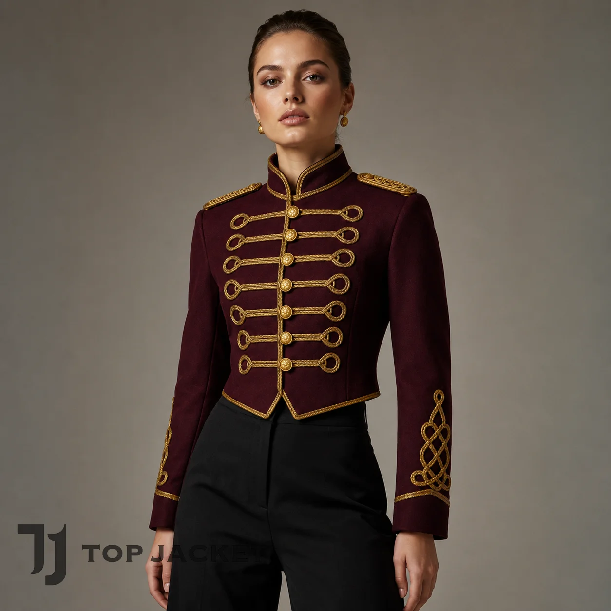 Women’s Cropped Military Jacket, Burgundy Gold Hussar Coat, Napoleonic Officer Blazer, Gothic Steampunk Costume Women’s Cropped Military Jacket, Burgundy Gold Hussar Coat, Napoleonic Officer Blazer, Gothic Steampunk Costume