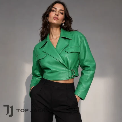 Women’s Green Cropped Leather Jacket, Raquel Raq Thomas Inspired Raising Kanan Jacket, Wrap Belt Celebrity Style