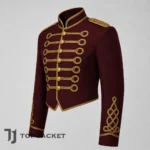 Women’s Napoleonic Military Cropped Jacket, Burgundy Hussar Coat, Gold Braided Victorian Steampunk Blazer