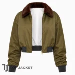 Women’s Olive Green Cropped Bomber Jacket, Rihanna Inspired Fur Collar Aviator Coat, Y2K Zip Up Jacket