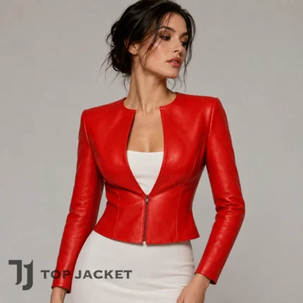 Womens Red Cropped Leather Jacket, Kylie Jenner Inspired Jacket, Collarless Zip Front Blazer, Fitted Y2K Celebrity Style